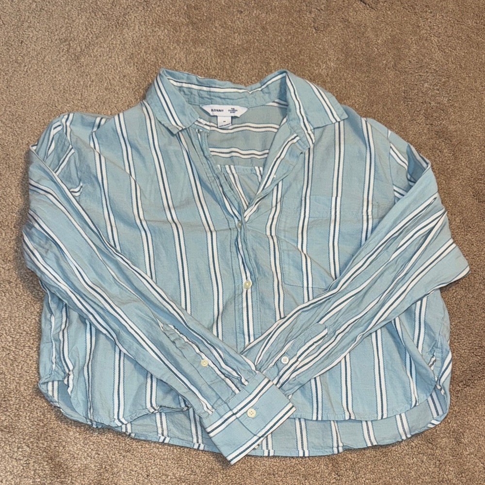 Old Navy Blue and White Cropped Striped Button-Down Shirt